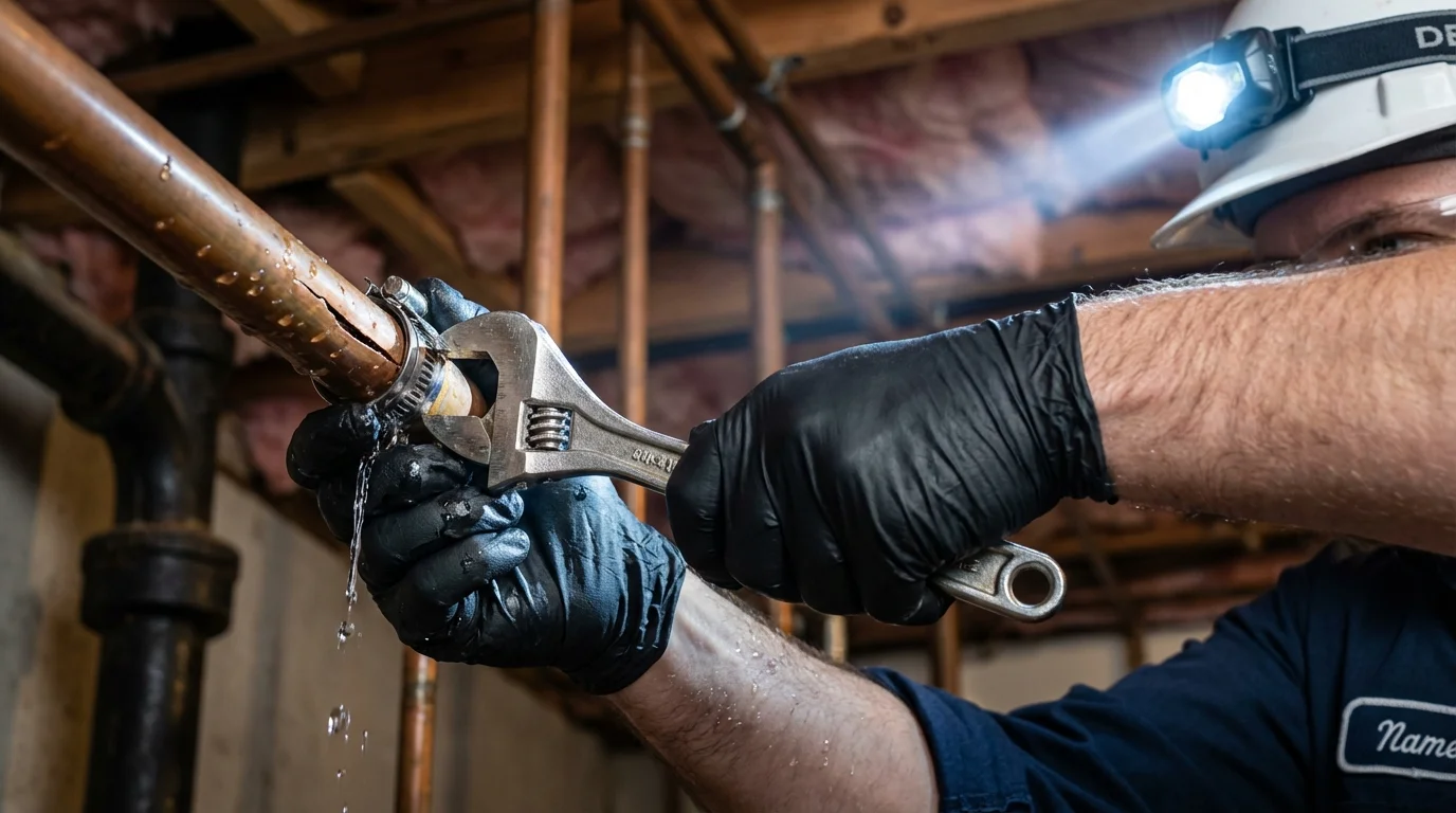 Emergency pipe clamp repair being performed by a Johns Plumbing LLC plumber in Caruthers