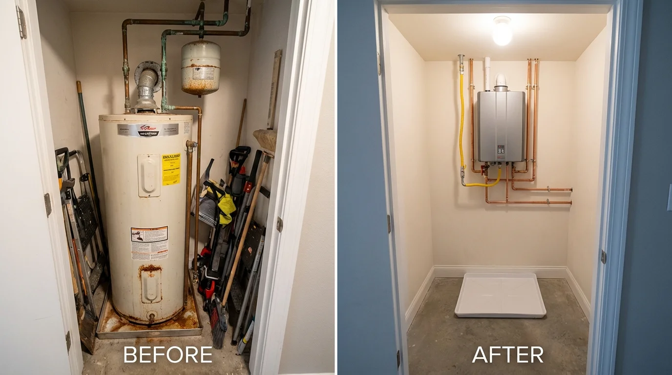Tank water heater versus wall-mounted tankless unit comparison for Caruthers, CA homeowners